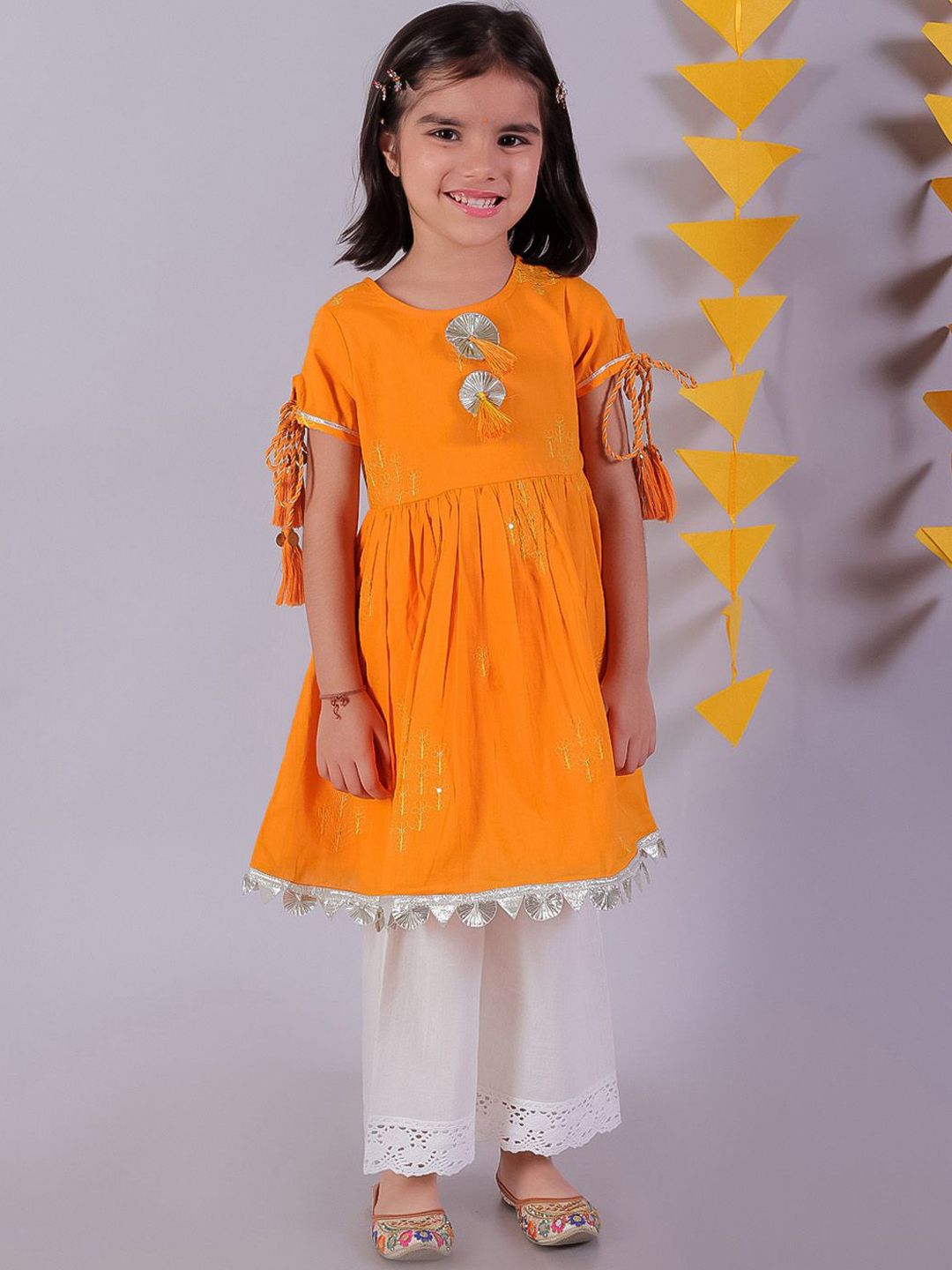 LIL DRAMA Girls Embroidered Regular Thread Work Pure Cotton Kurta with Pyjamas-picture-31