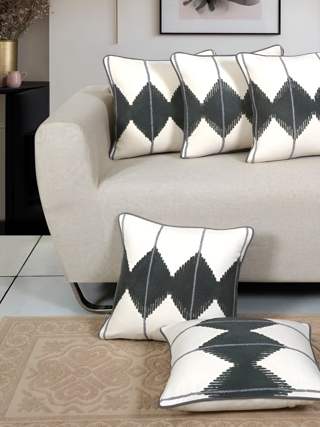 Ode & Cleo Grey & Off White Set of 5 Embroidered Square Cushion Covers-image-3