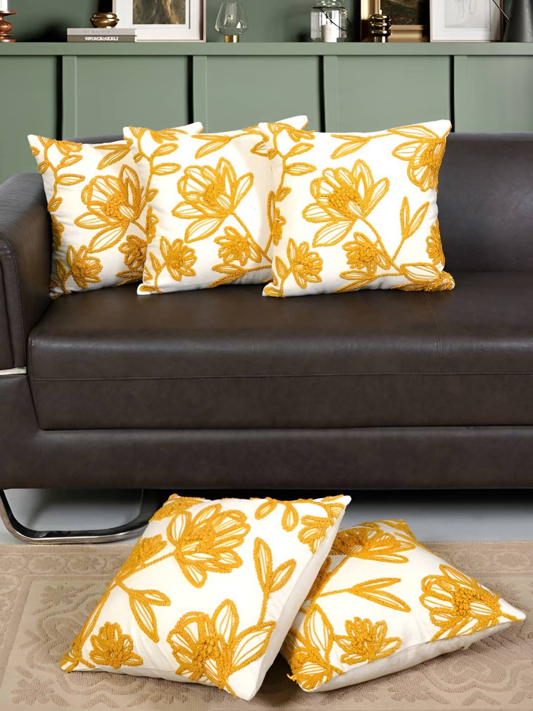Ode & Cleo Mustard & White Set of 5 Embroidered Square Cushion Covers-image-28
