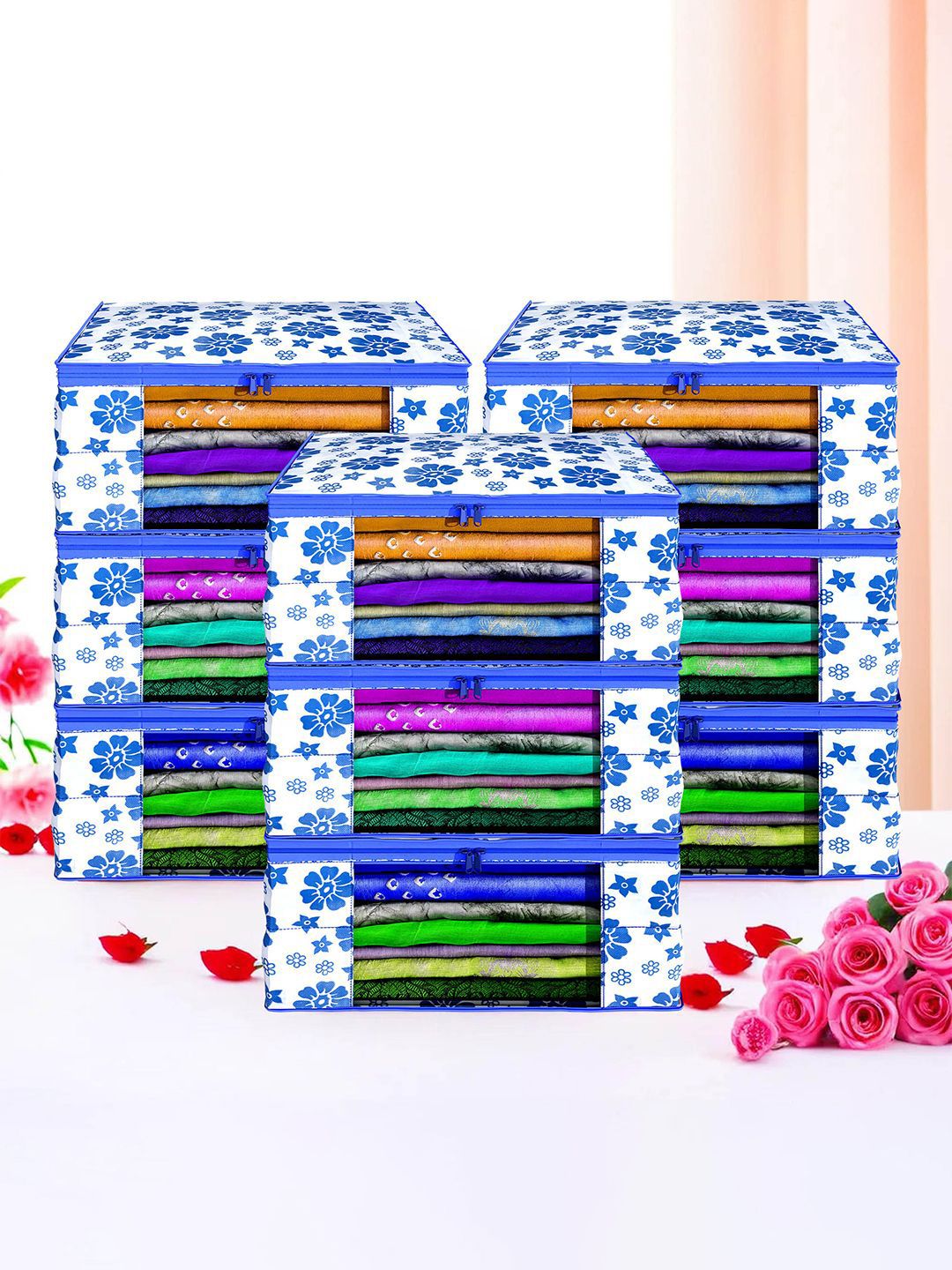 Kuber Industries Blue &White 9 Pieces Floral Printed Foldable Drawer Organisers-image-48