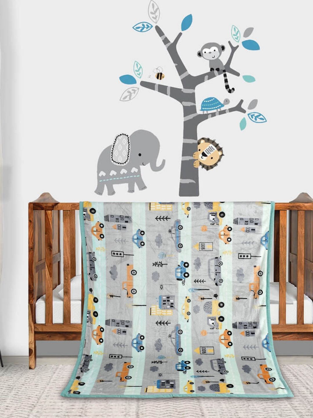 Florida Gunmetal-Toned & Blue Cartoon Characters Single Bed Blanket-image-40