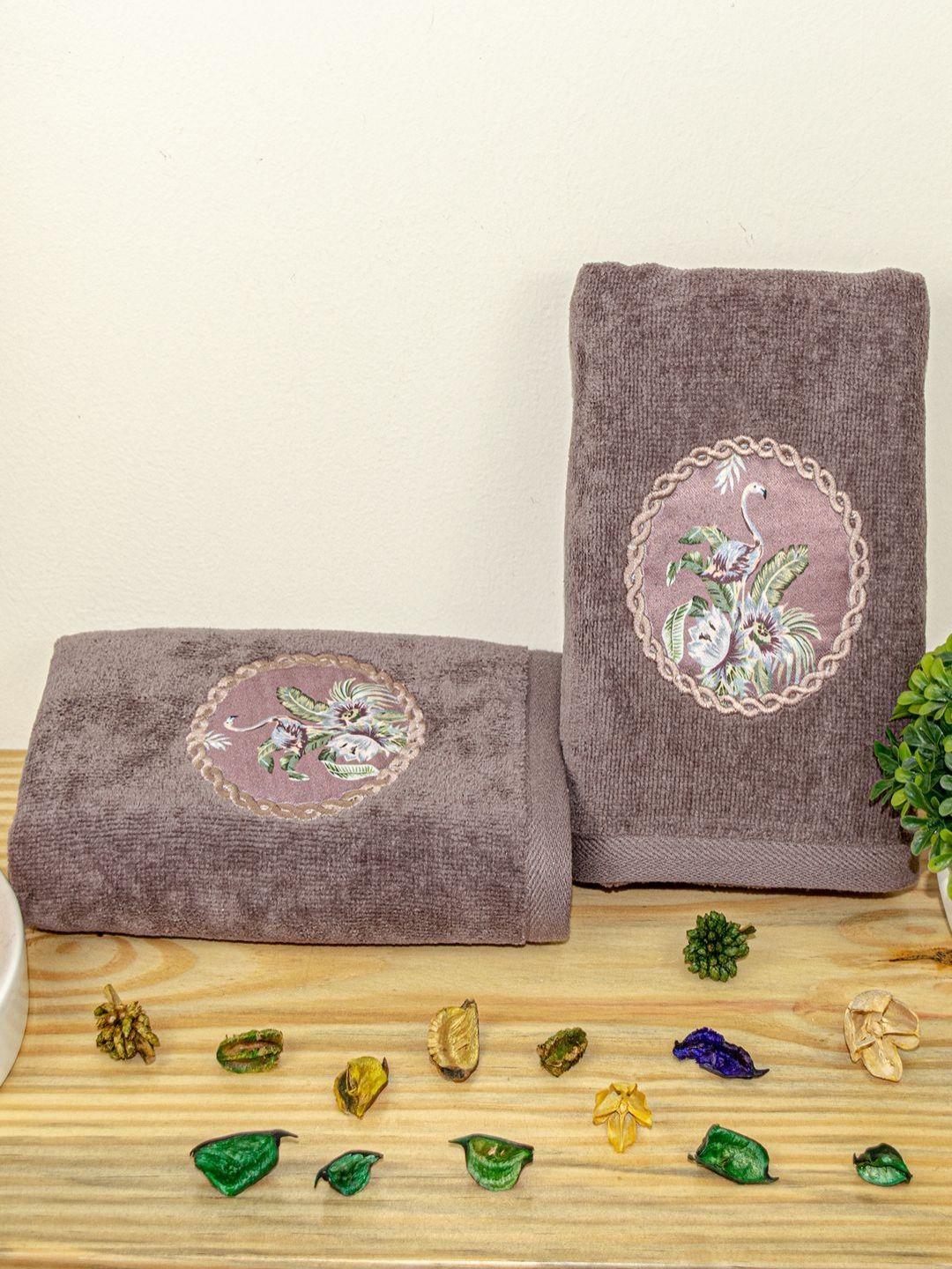 RANGOLI 2Pcs Brown Self Designed Hand Towels-picture-12