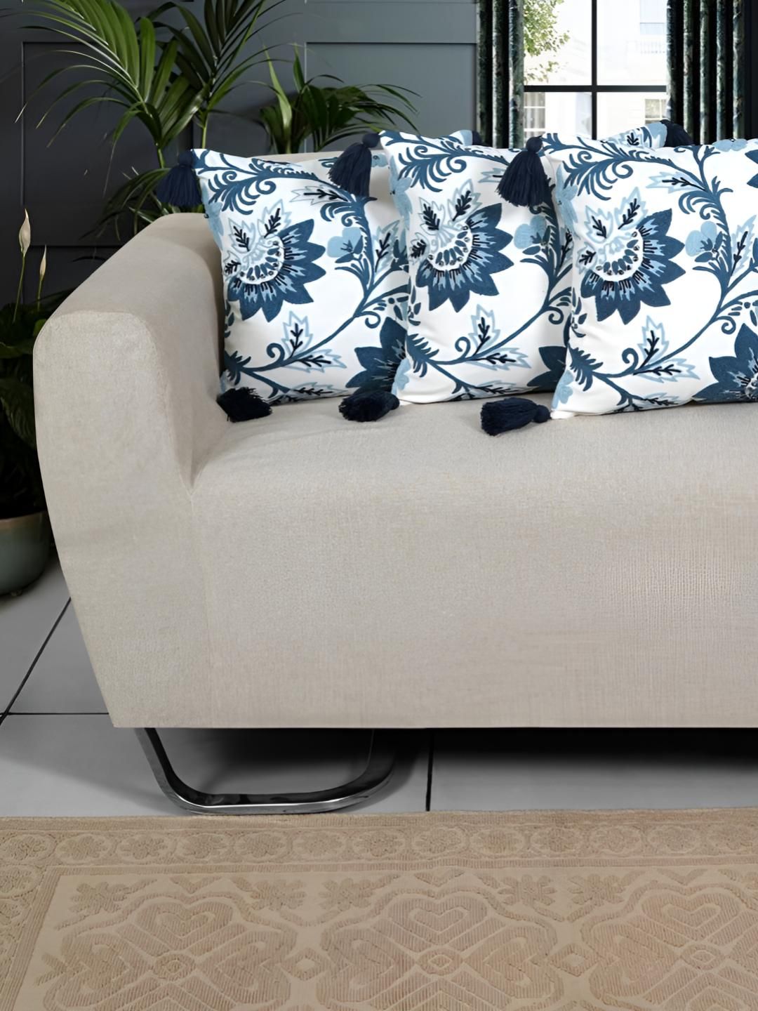 Ode & Cleo Blue & White Set of 3 Embroidered Square Cushion Covers-image-46