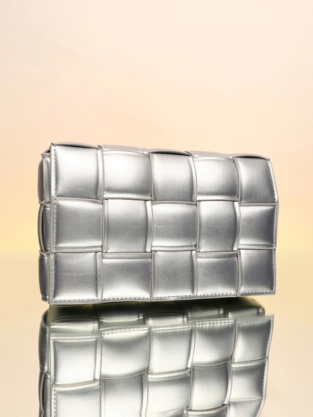 HAUTE SAUCE Silver Checked Leather Swagger Sling Bag with Quilted Handbag