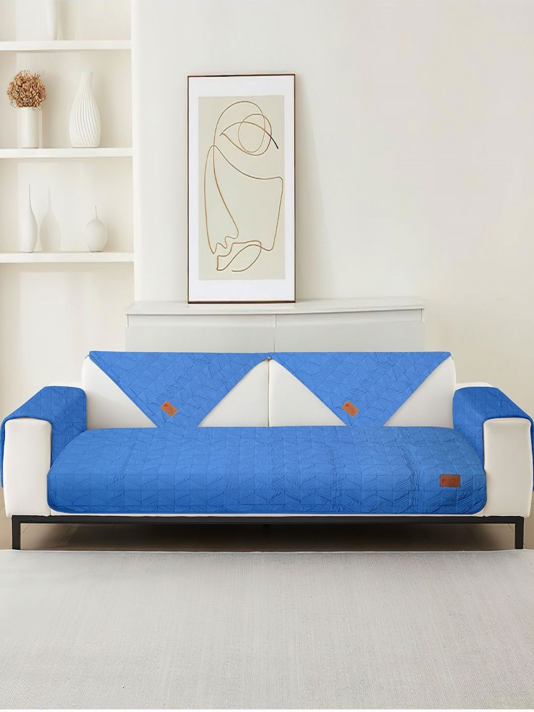 Cortina Blue Solid Polyester Sofa Cover With Arms-picture-10