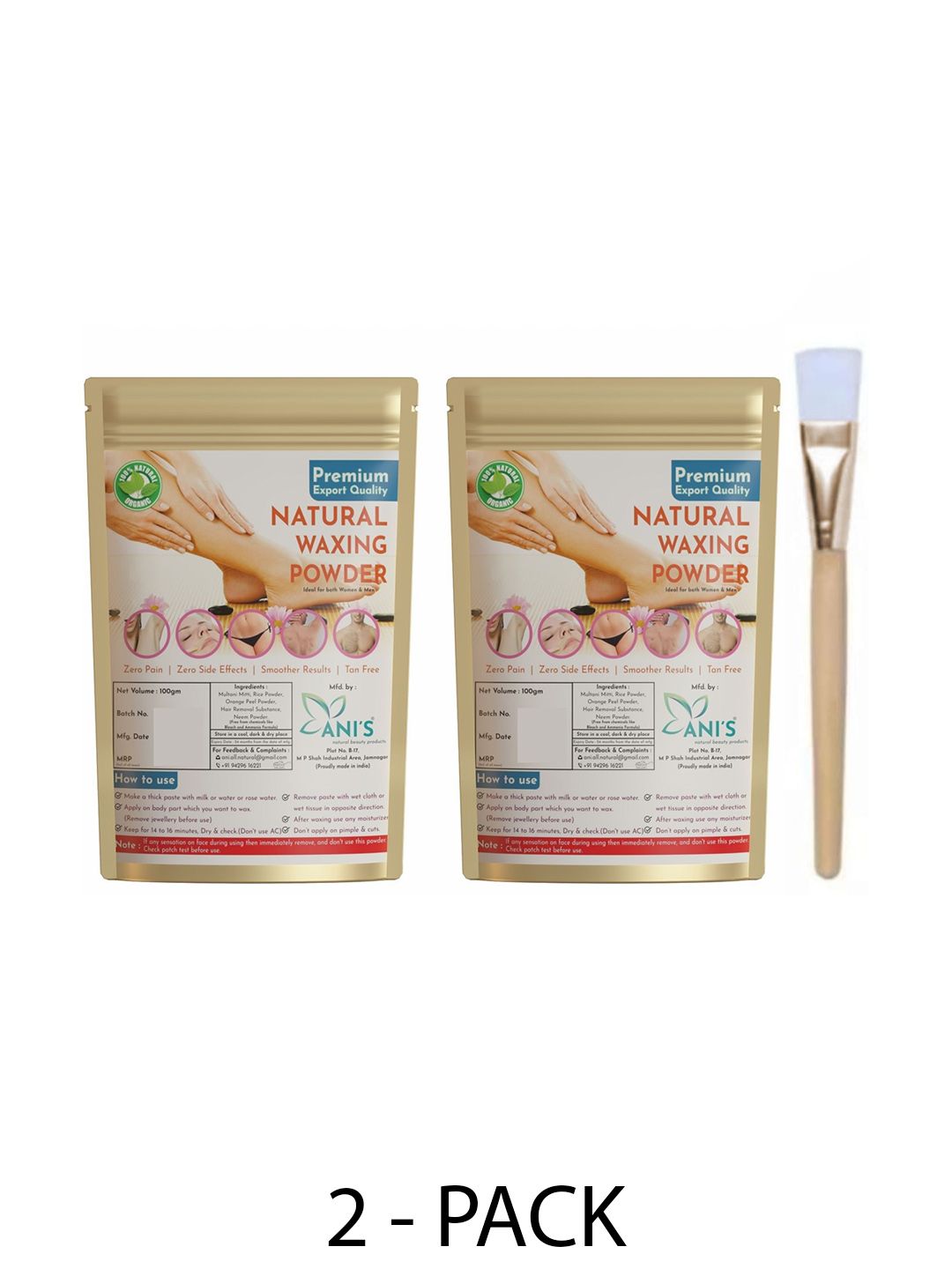 ANI'S Set Of 2 Zero Pain Tan Free Natural Waxing Powder With Brush - 100g Each-picture-37