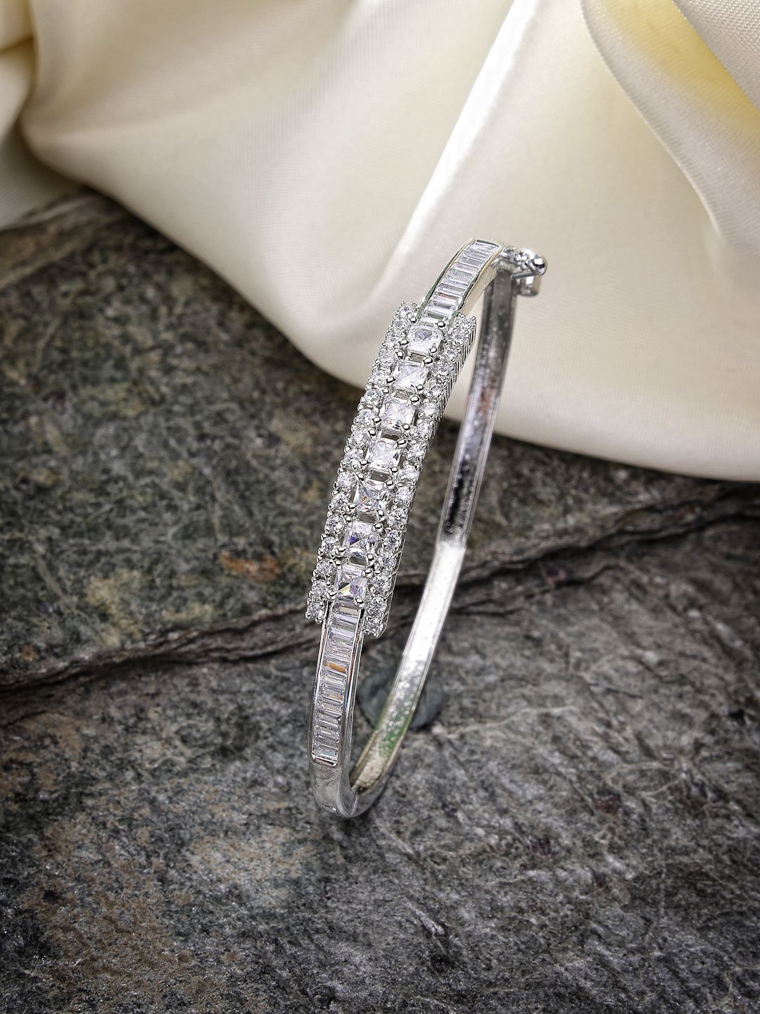 ZENEME Women Brass American Diamond Rhodium-Plated Bangle-Style Bracelet-picture-20