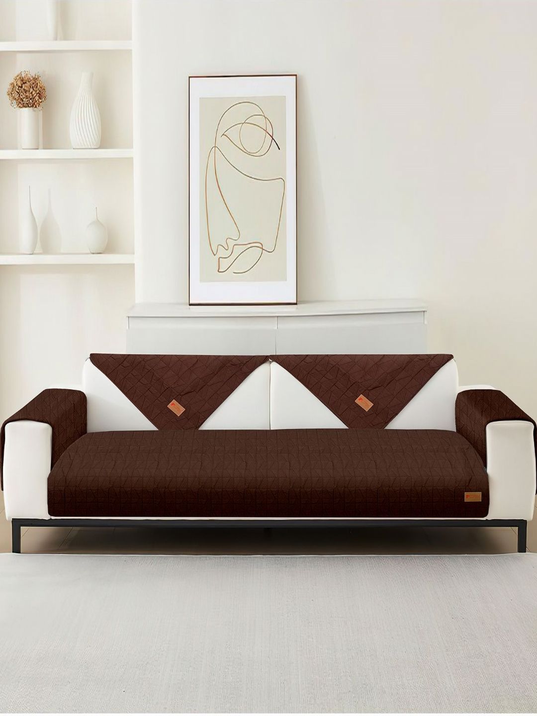 Cortina Brown Solid Polyester Sofa Cover With Arms-image-7