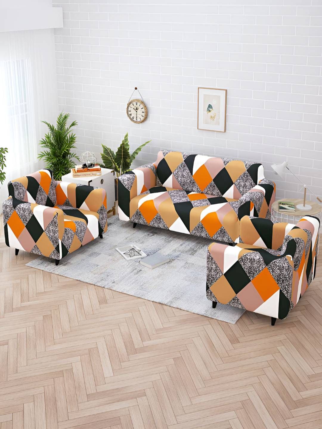 Story@home Orange & Grey Printed Polyester 3 Piece Sofa Cover With Arms