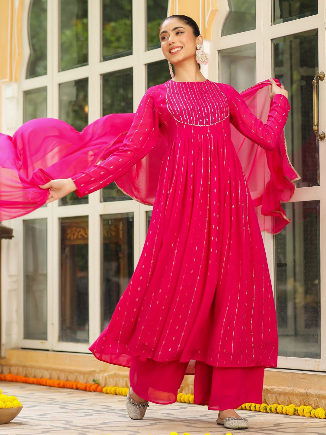 Janasya Geometric Printed Georgette Anarkali Kurta with Palazzo & Dupatta-picture-15