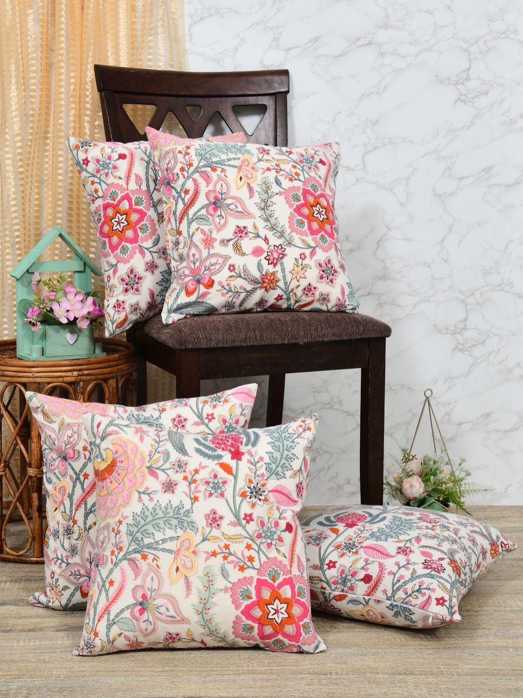 Clasiko White & Pink 5 Pieces Floral Printed Cotton Square Cushion Covers-picture-39