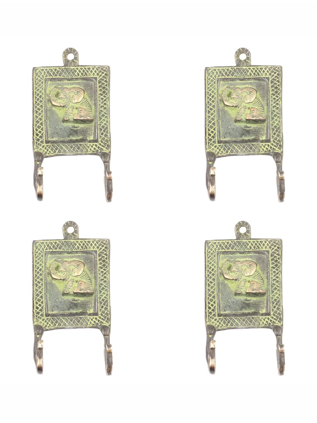 IndianShelf Green and Yellow 4 Pieces Elephant Textured Brass Wall Hooks-image-31