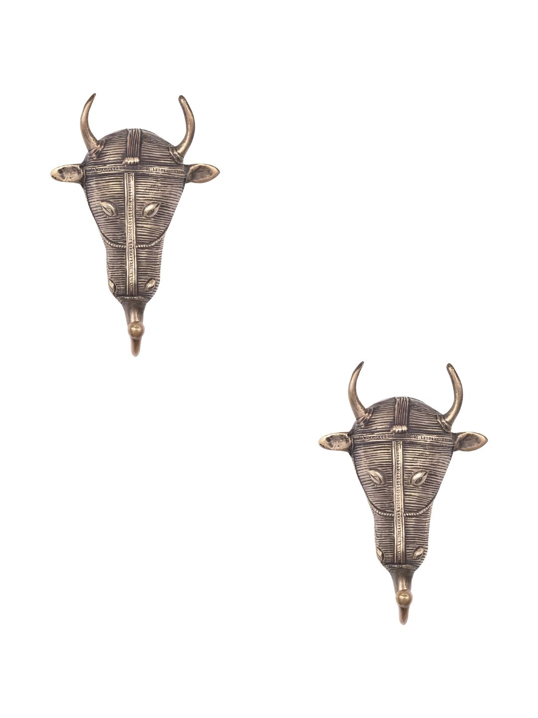 IndianShelf Goldtoned 2 Pieces Tribal Bull Face Textured Brass Wall Hooks-picture-36
