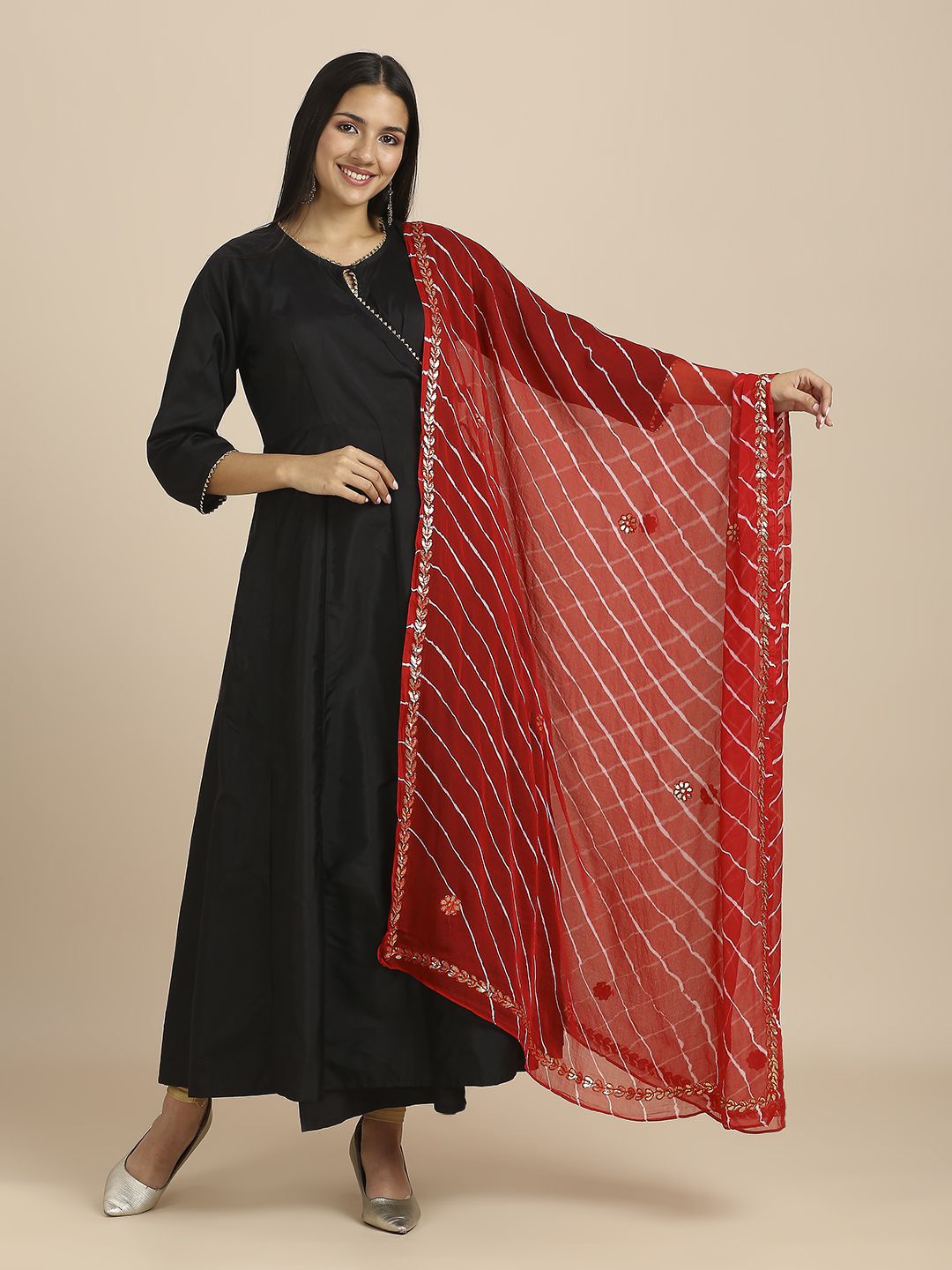 Dupatta Bazaar Embroidered Leheriya Chiffon Dupatta with Gotta Patti-picture-28