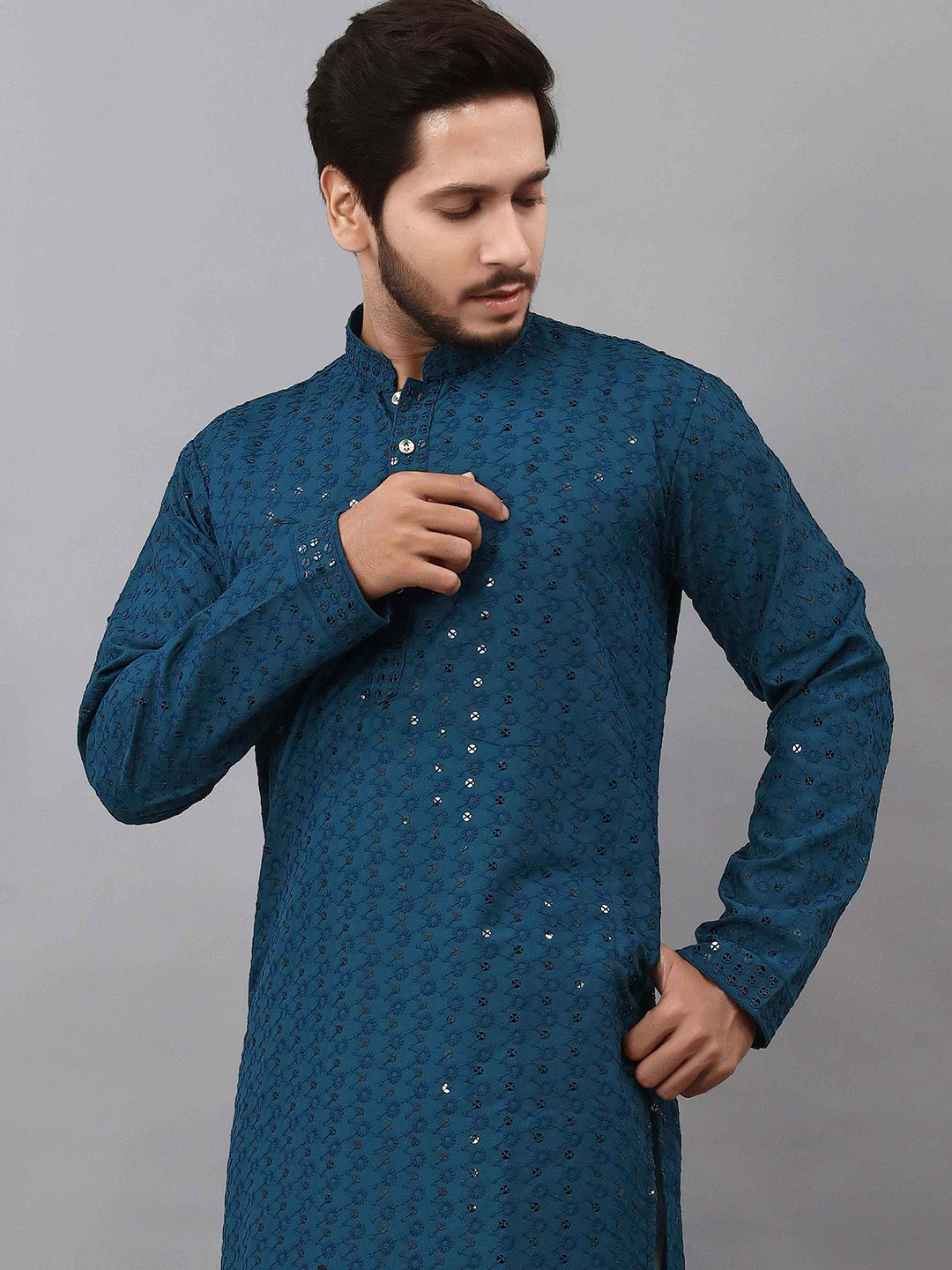 ALMORA Men Ethnic Motifs Embroidered Regular Sequinned Pure Cotton Kurta with Pyjamas-picture-30