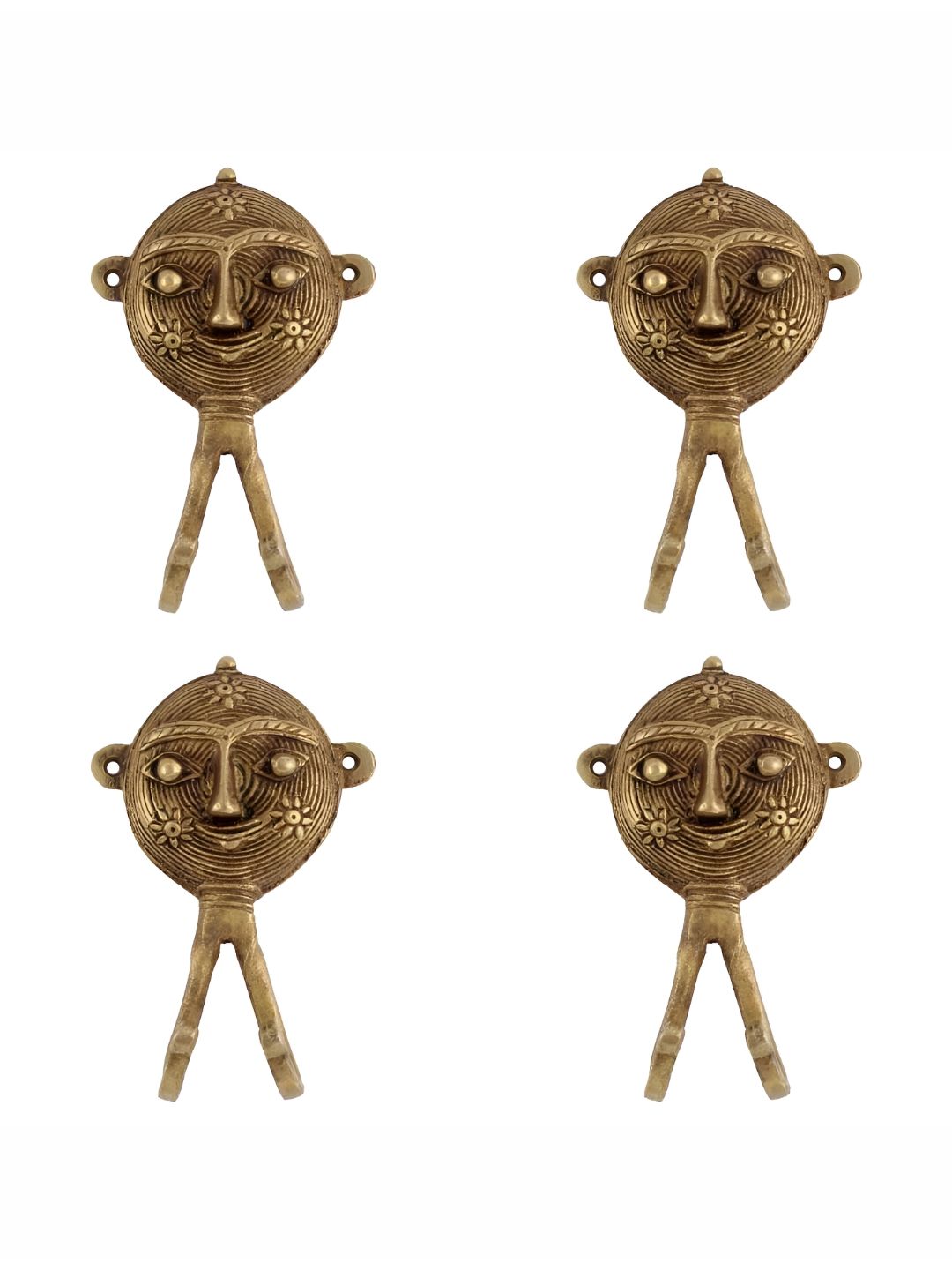 IndianShelf Gold Toned 4 Pieces Brass Tribal Face Clothes Hanger for Wall Coat Hooks-picture-38