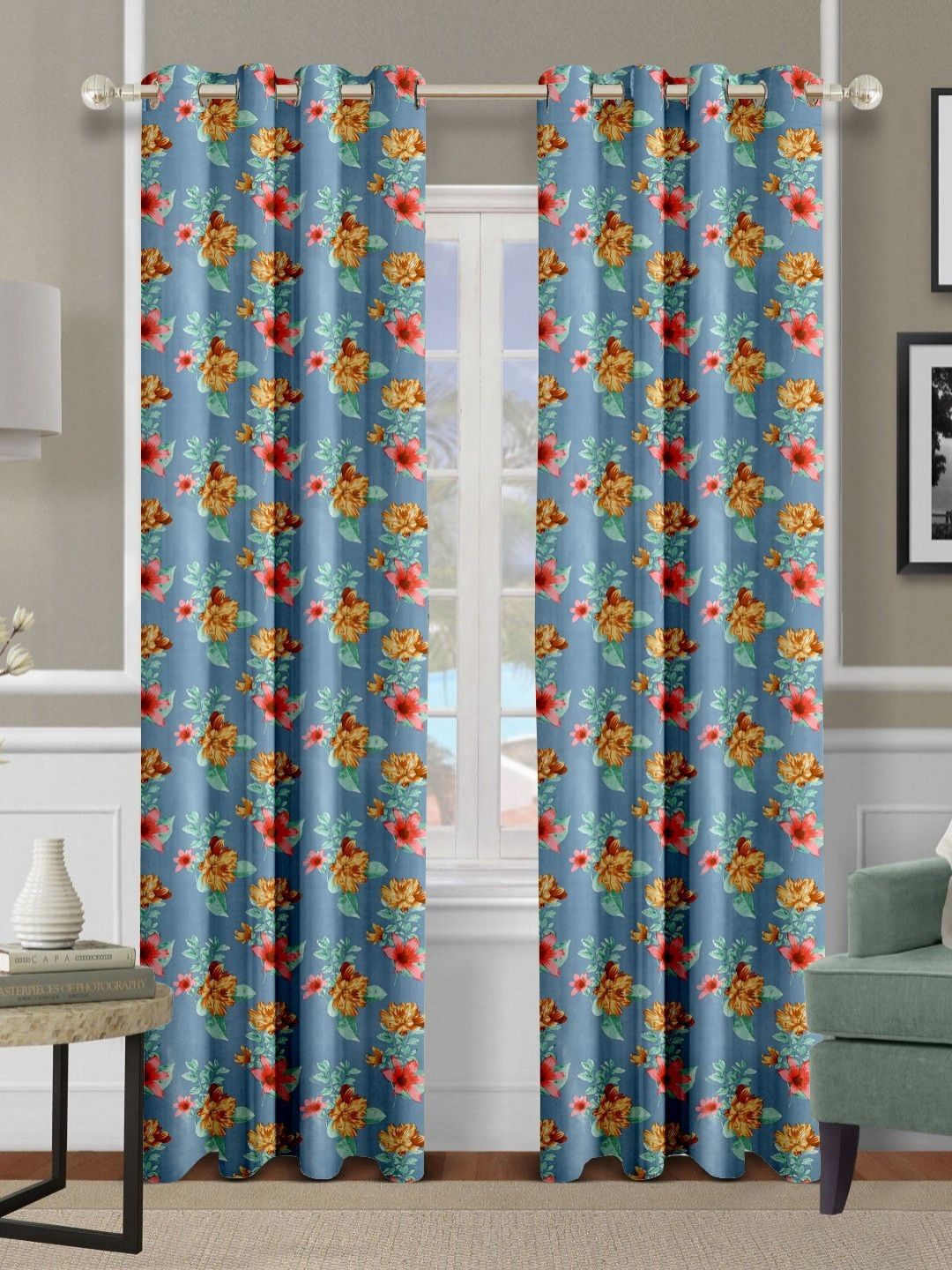 Cortina Blue & Red 2 Pieces Floral Printed Black Out Door Curtains-image-24