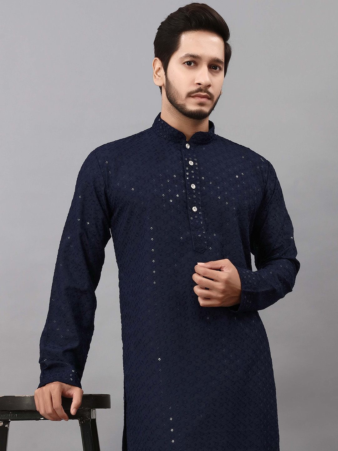 ALMORA Men Ethnic Motifs Embroidered Regular Thread Work Pure Cotton Kurta with Pyjamas-picture-58