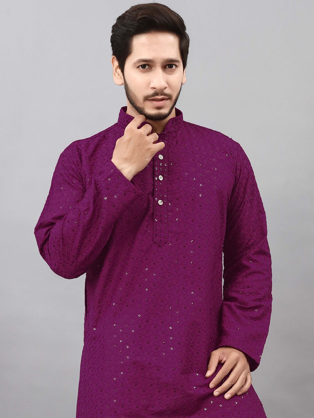ALMORA Men Ethnic Motifs Embroidered Regular Sequinned Pure Cotton Kurta with Pyjamas-picture-40