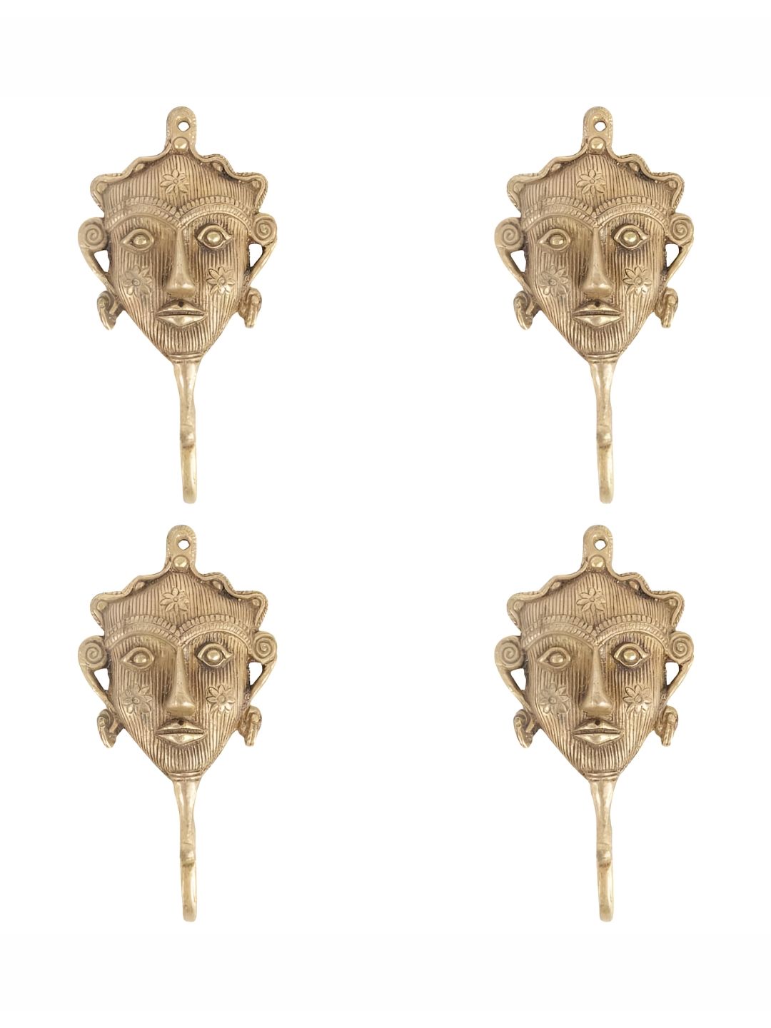 IndianShelf 4 Pieces Brass Tribal Woman Face Key Hooks Cloth Hanger for Wall-picture-1