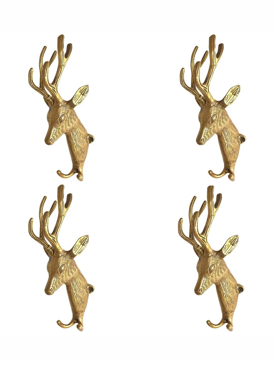 IndianShelf Gold Toned 4 Piece Brass Deer Head Door Hangers Wall Hooks-picture-10