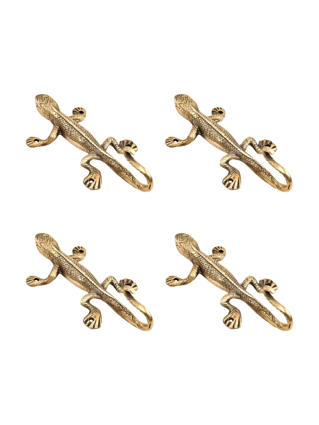 IndianShelf Gold Toned 4 Pieces Brass Lizard Textured Ceramic Wall Hooks-picture-33