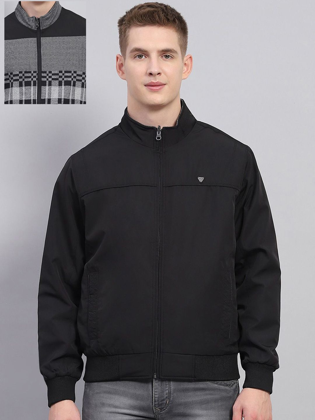 Monte Carlo Men Mock Collar Self Design Casual Bomber Reversible Jacket-picture-13