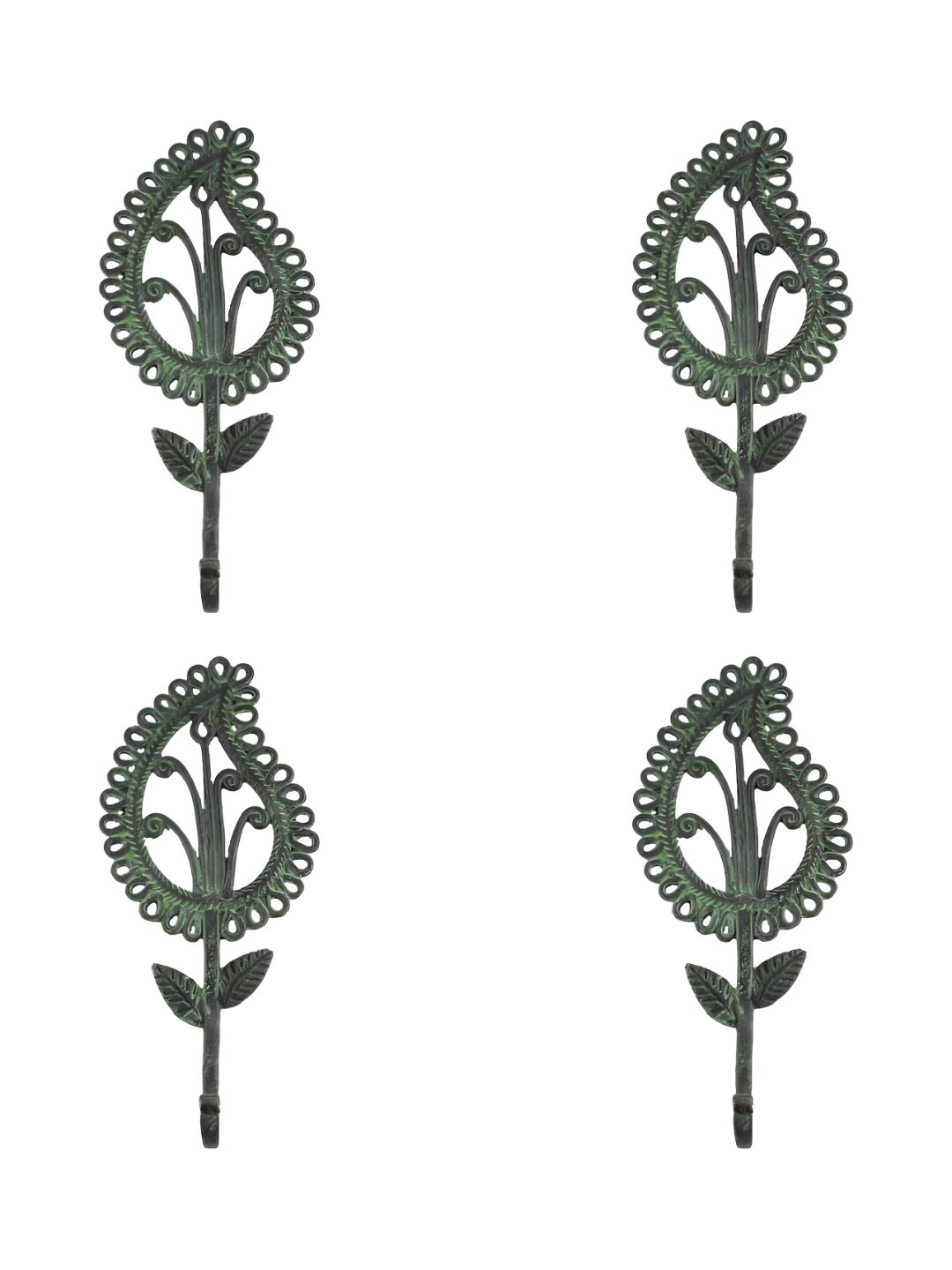 IndianShelf Bronze Toned & Green 4 Pieces Brass Leaves Key Hooks-image-35