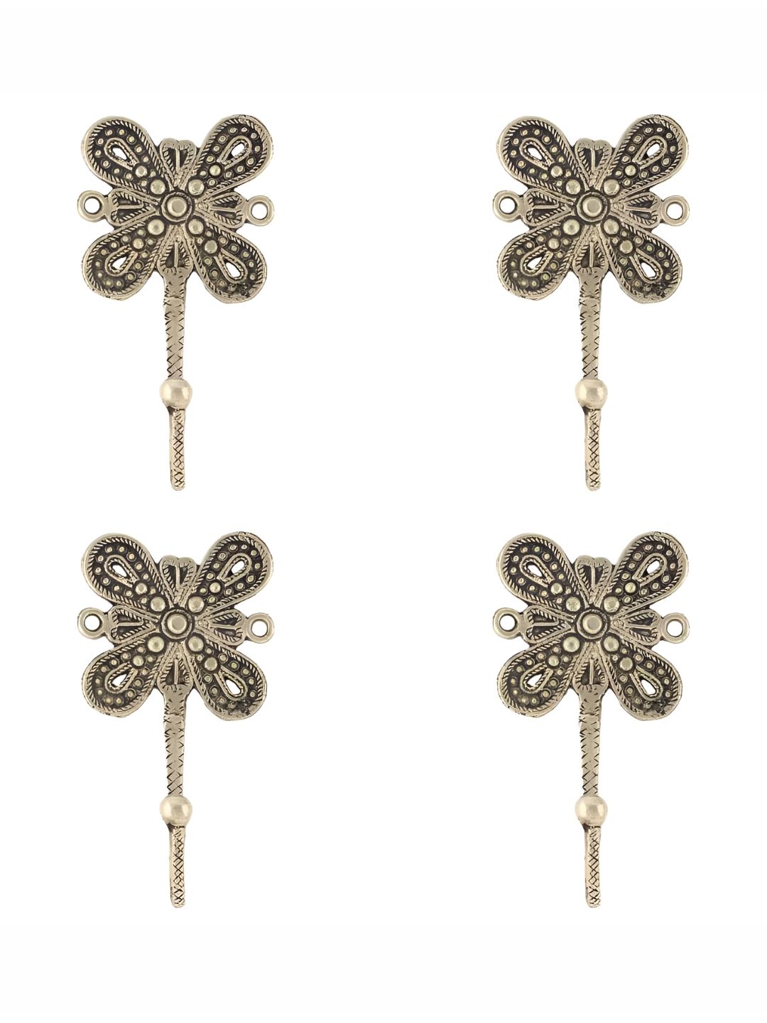 IndianShelf Gold-Toned & Black 4 Pieces Floral Brass Wall Hooks-image-37