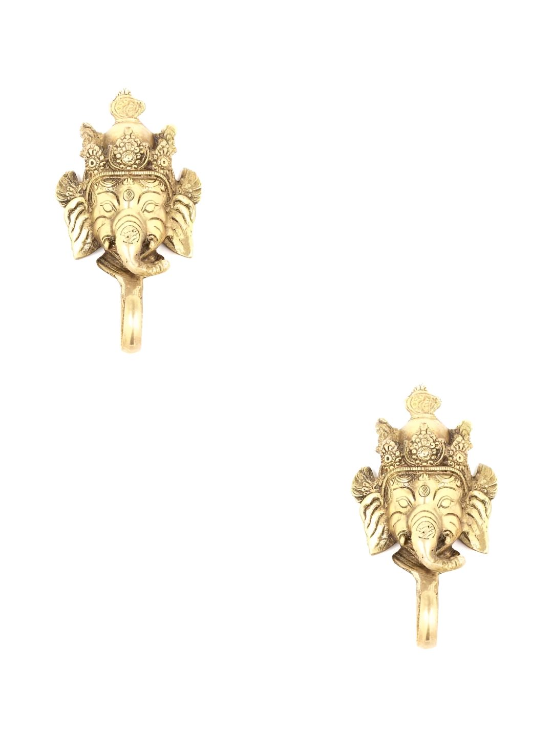 IndianShelf Gold Toned 2 Pieces Brass Ganesha Face Wall Hanger Hooks-picture-15