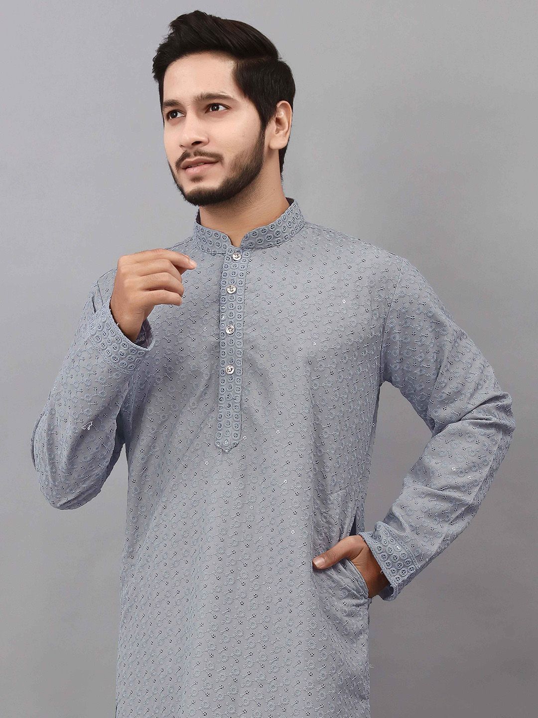 ALMORA Men Ethnic Motifs Embroidered Regular Sequinned Pure Cotton Kurta with Pyjamas-picture-31