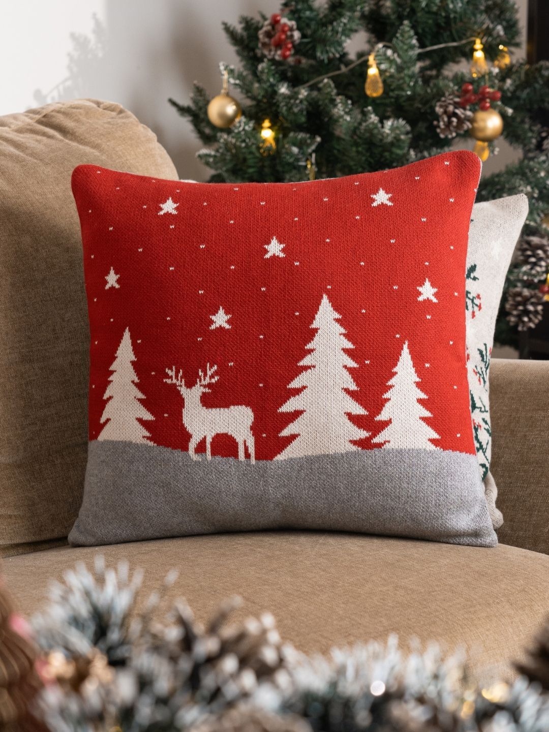 haus & kinder Red & White Embroidered Cotton Square Cushion Covers-picture-14