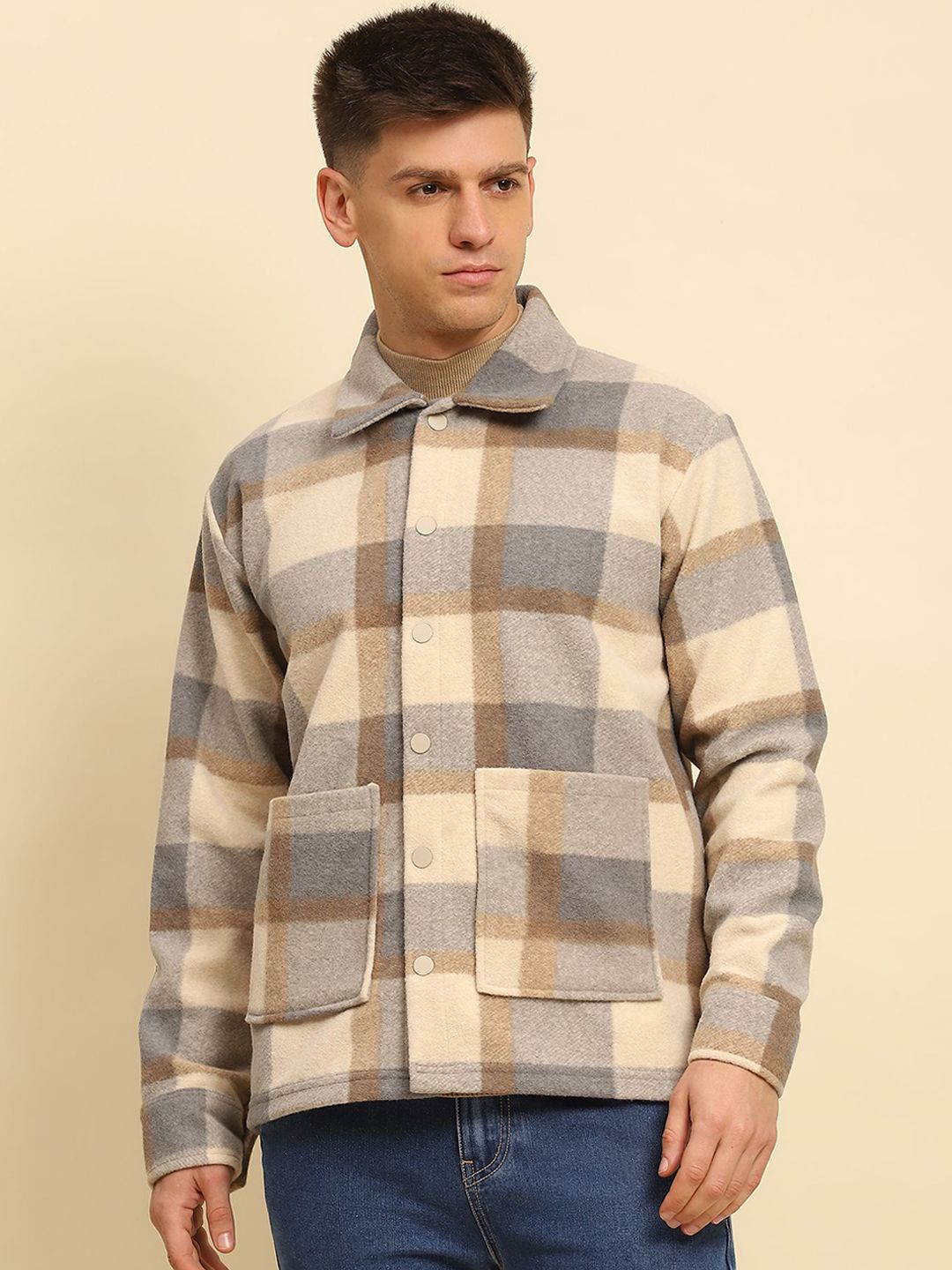 Global Republic Men Checked Lightweight Tailored Jacket with Patchwork-image-45