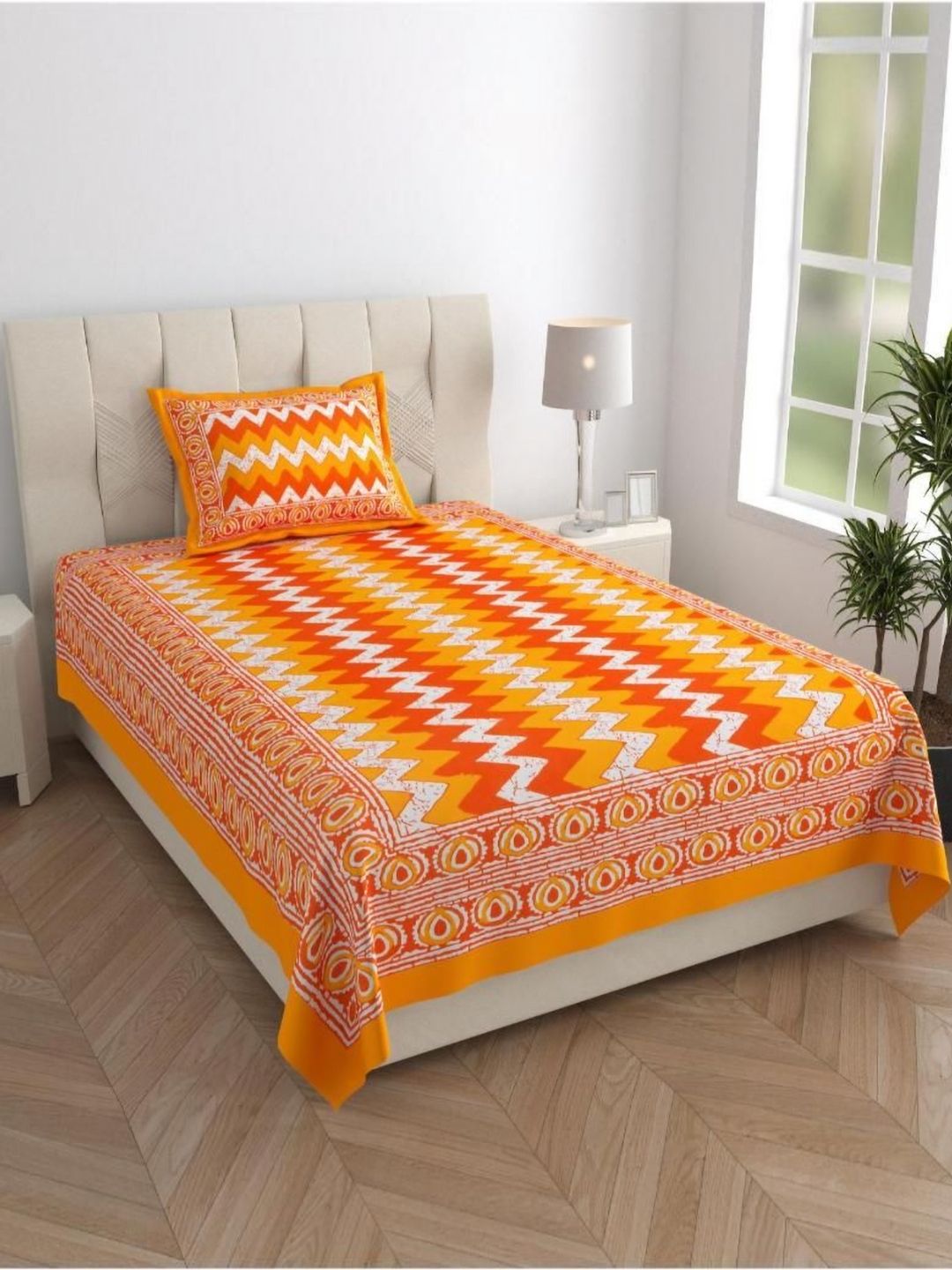UNIQCHOICE Yellow & Orange Geometric 120 TC Cotton Single Bedsheet Set-2.25 m x 1.50 m-picture-25