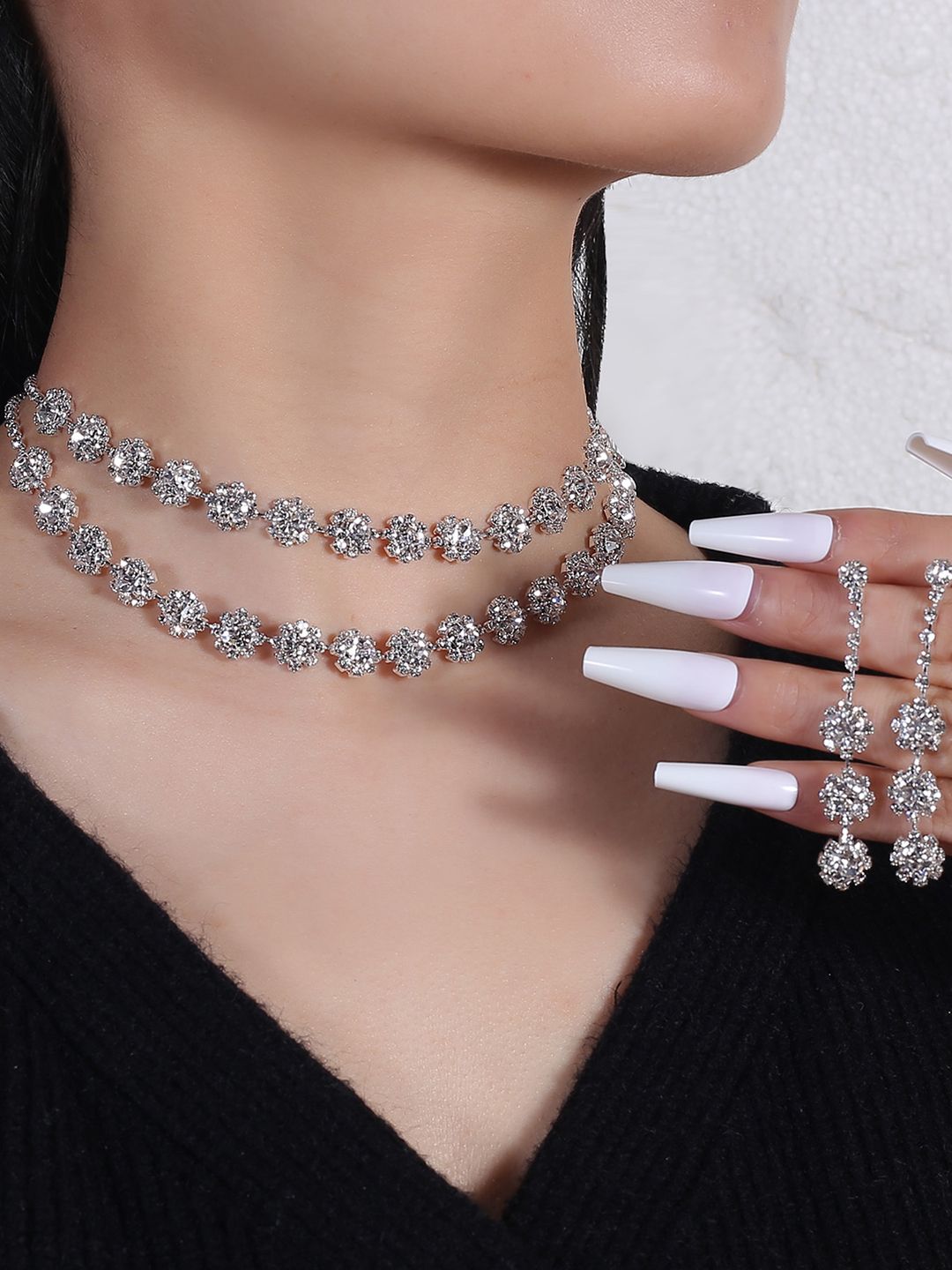 DressBerry White Silver Plated Stone Studded Jewellery Set-image-46