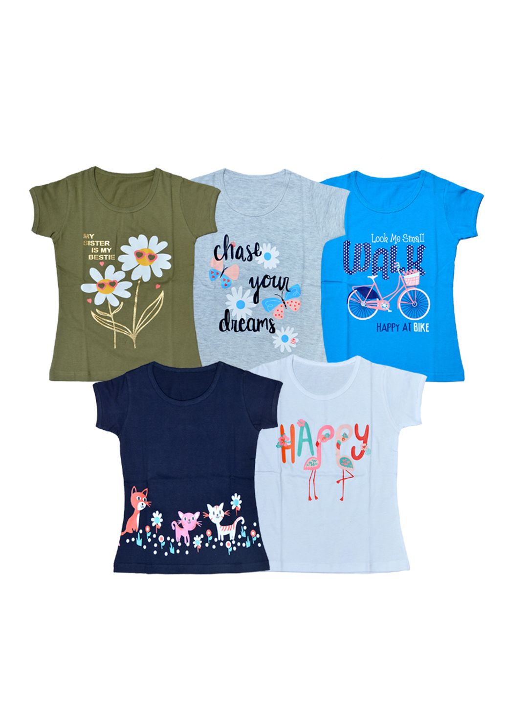 FAZZA Girls Pack Of 5 Printed Cotton Casual T-shirts