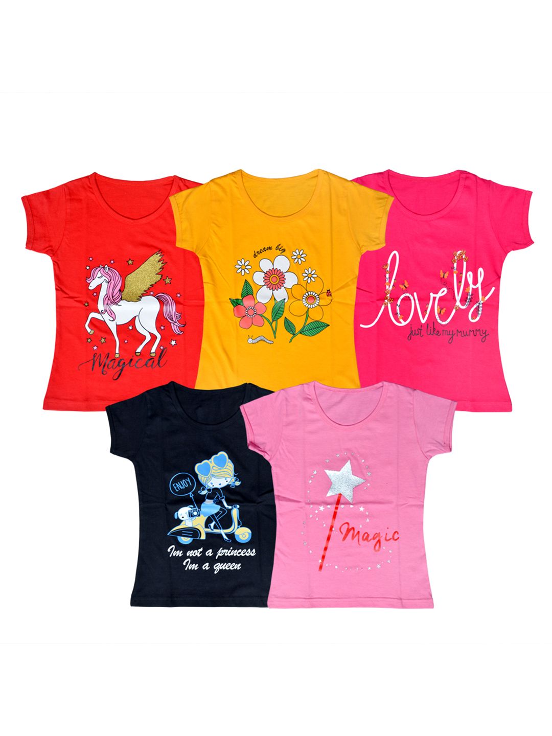 FAZZA Girls Pack Of 5 Graphic Printed T-shirts