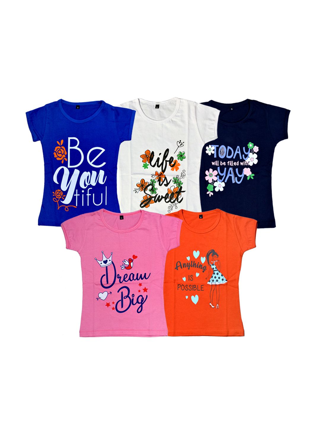 FAZZA Girls Pack Of 5 Printed Cotton Casual T-shirts-picture-14