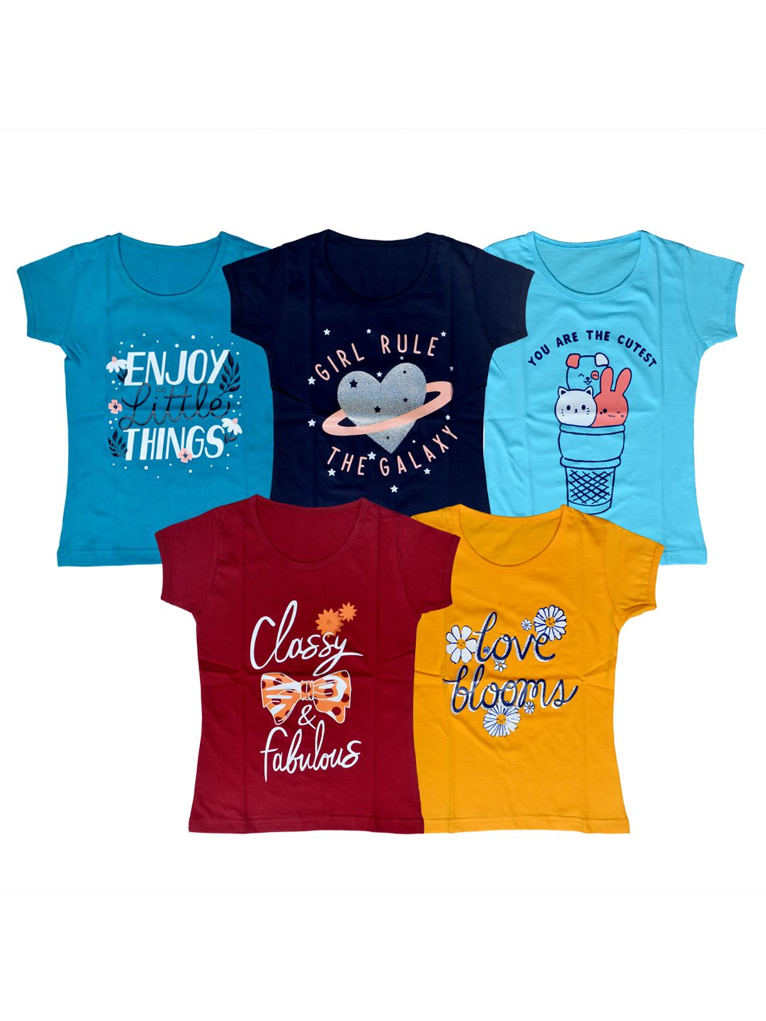 FAZZA Girls Pack Of 5 Printed Cotton Casual T-shirts-picture-14