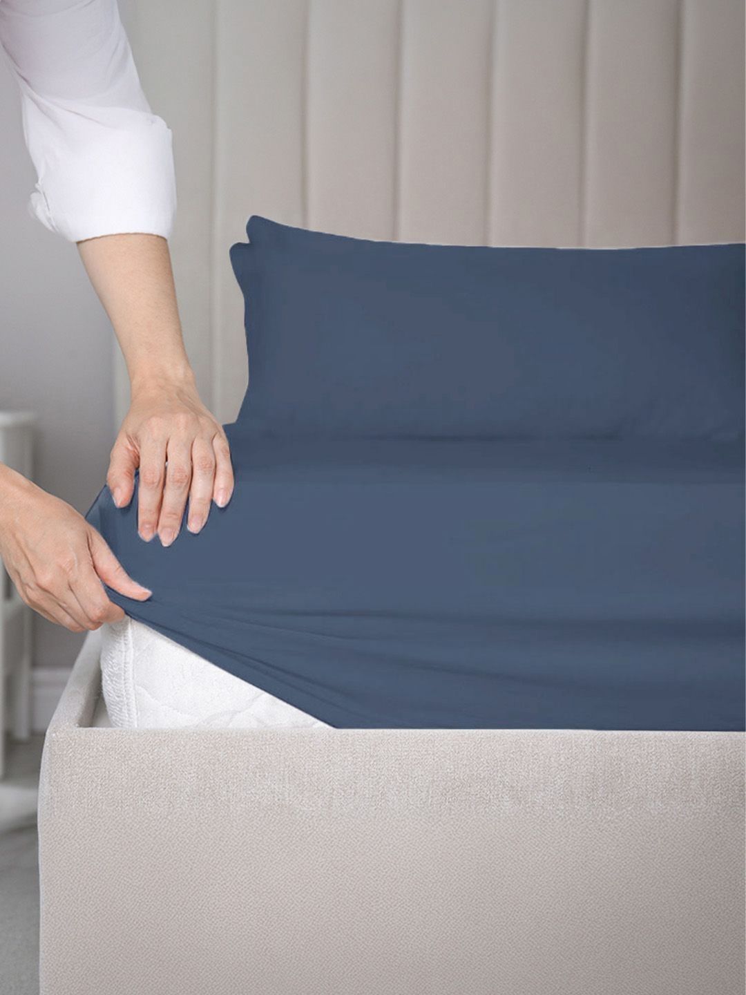 SleepyCat Blue Cotton Fitted 200 TC Single Bedsheet Set 1.82 m x 1.21 m-image-48