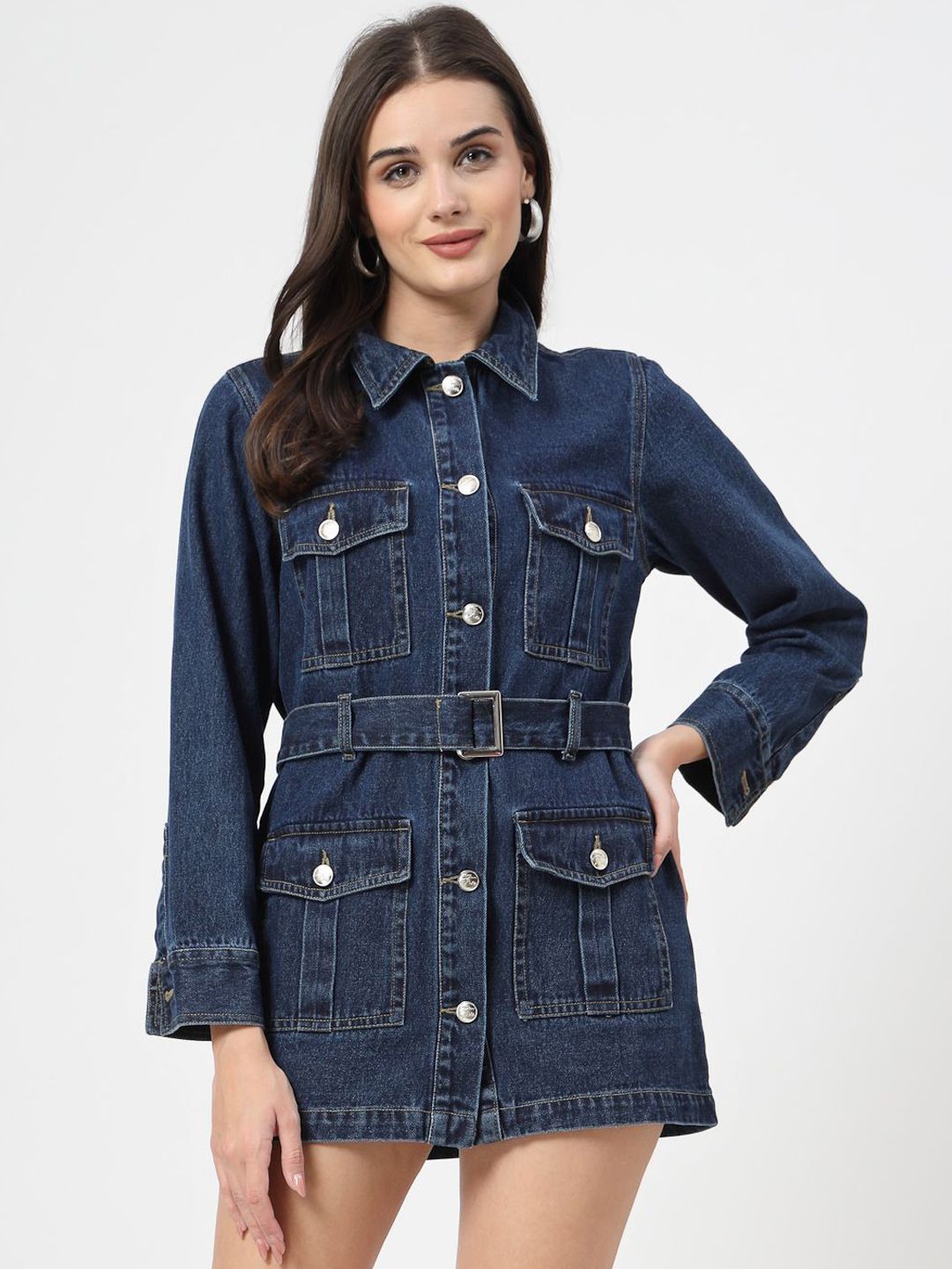 COSMIC TRIO Women Spread Collar Solid Cotton Casual Denim Jacket