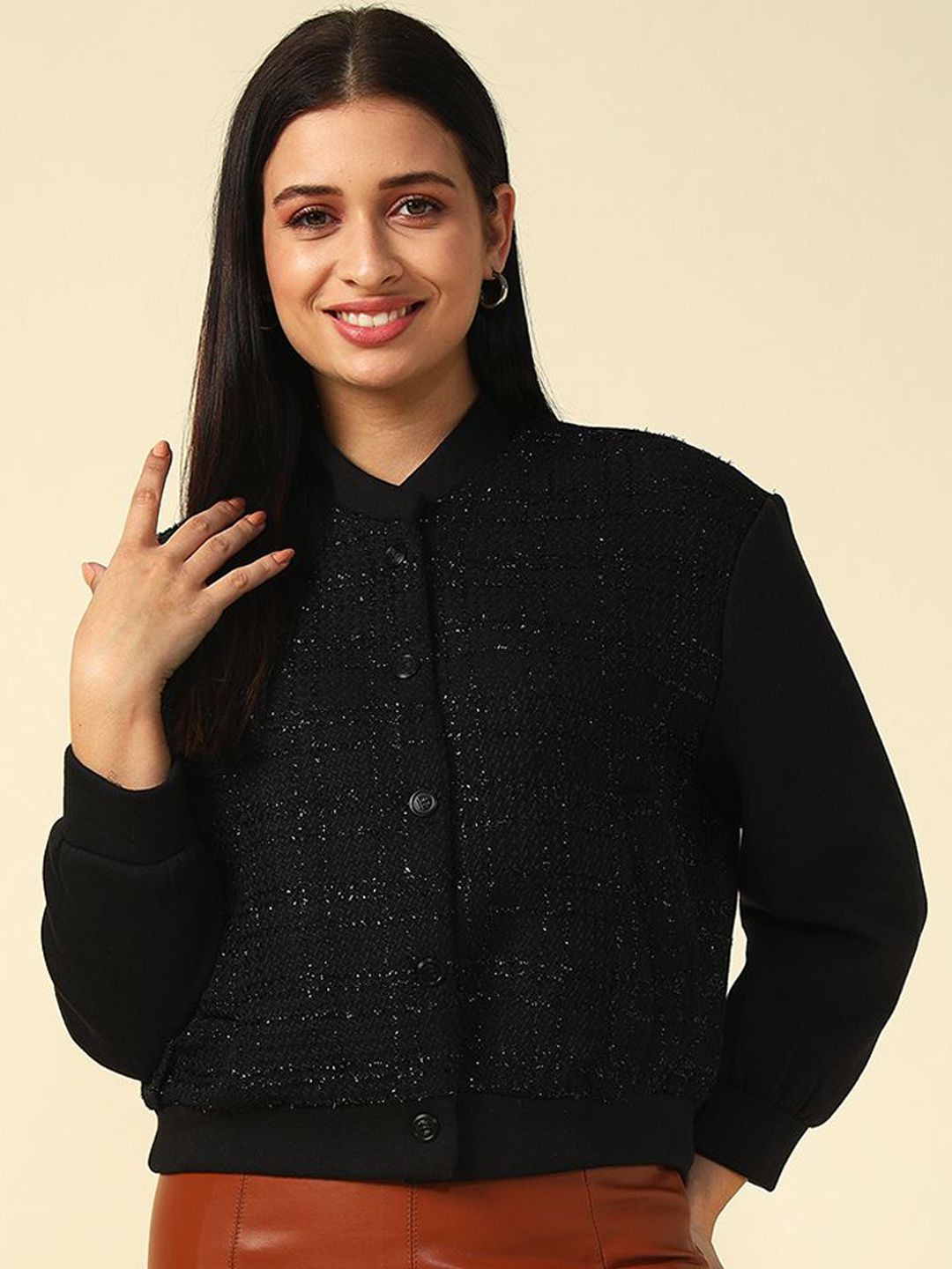 Beatnik Women Stand Collar Self Design Casual Bomber Jacket-picture-28