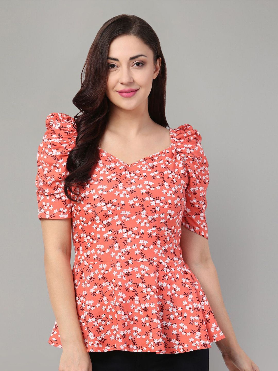 Zuvino Floral Print Sweetheart Neck Puff Sleeve Peplum Top-picture-18