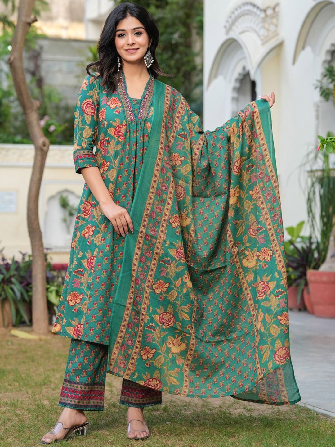 KALINI Women Floral Printed Empire Sequinned Pure Cotton Kurta with Trousers & With Dupatta-image-25