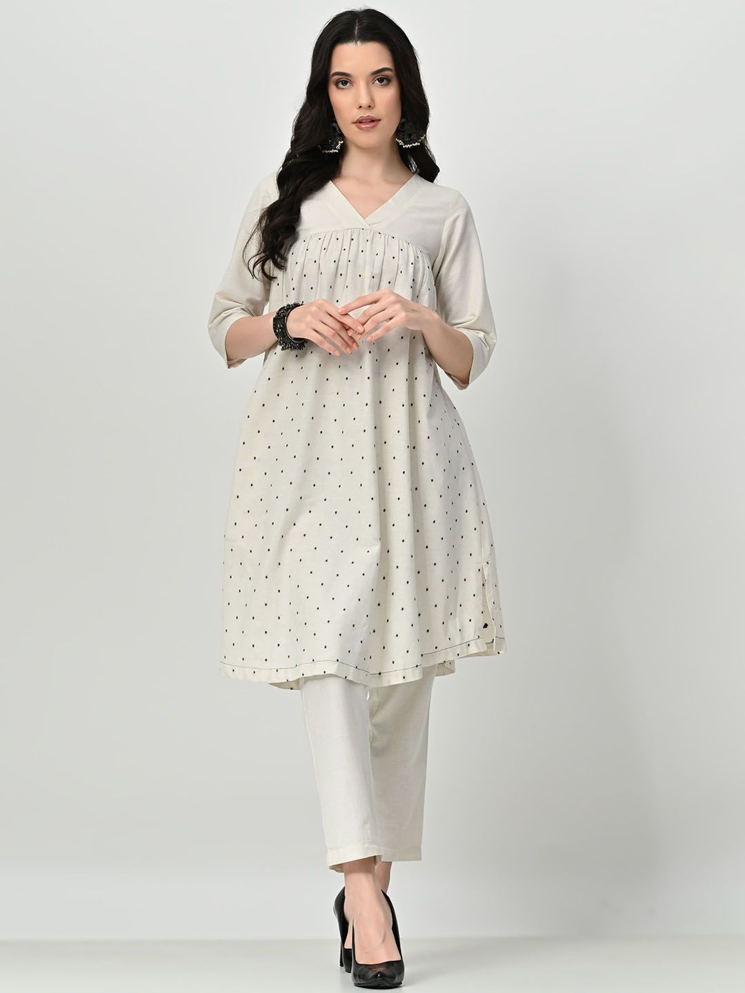BAESD Geometric Embroidered V-Neck Pleated A-Line Kurta With Trousers
