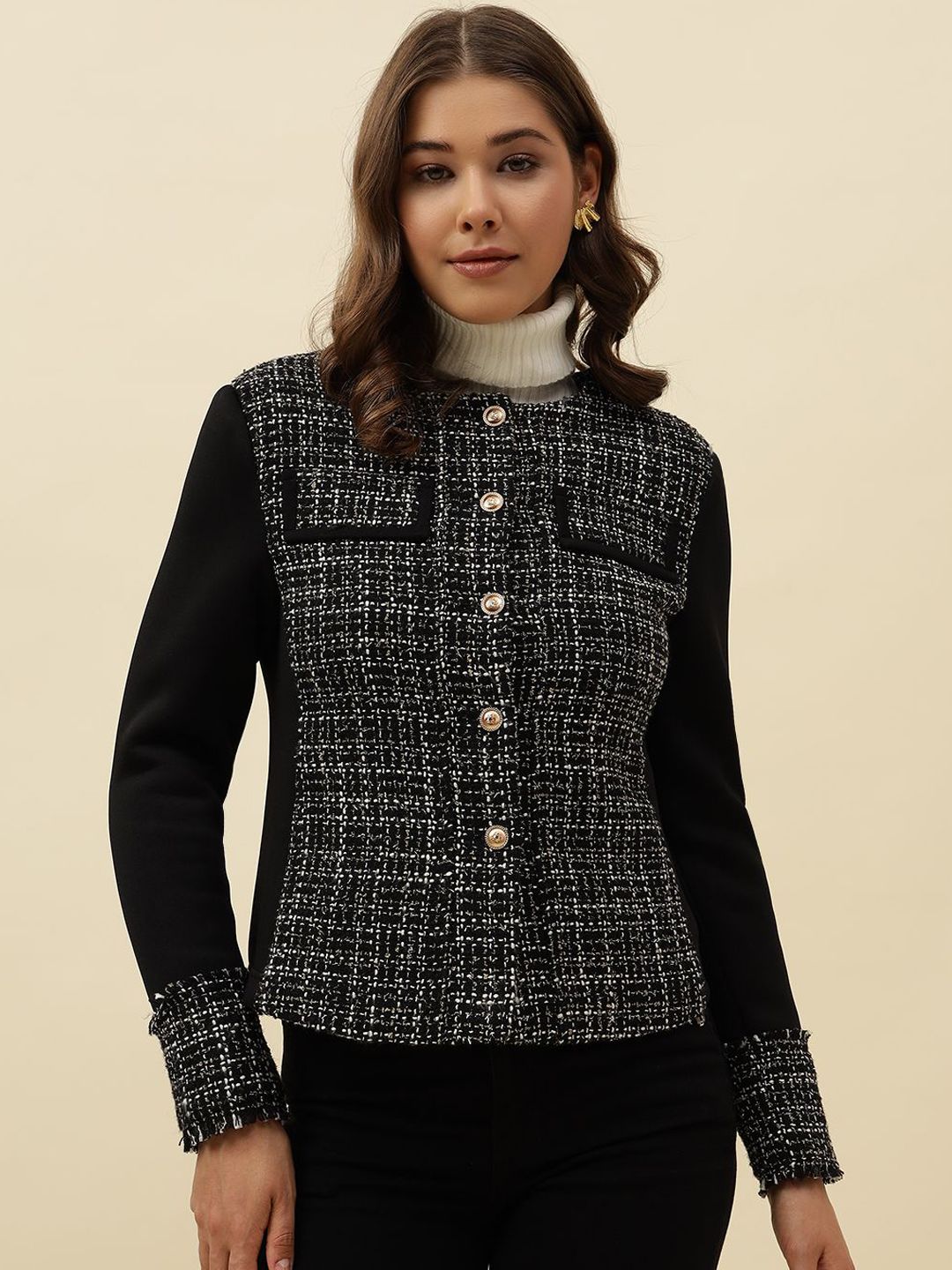 Beatnik Women Collarless Self Design Casual Open Front Jacket-picture-32