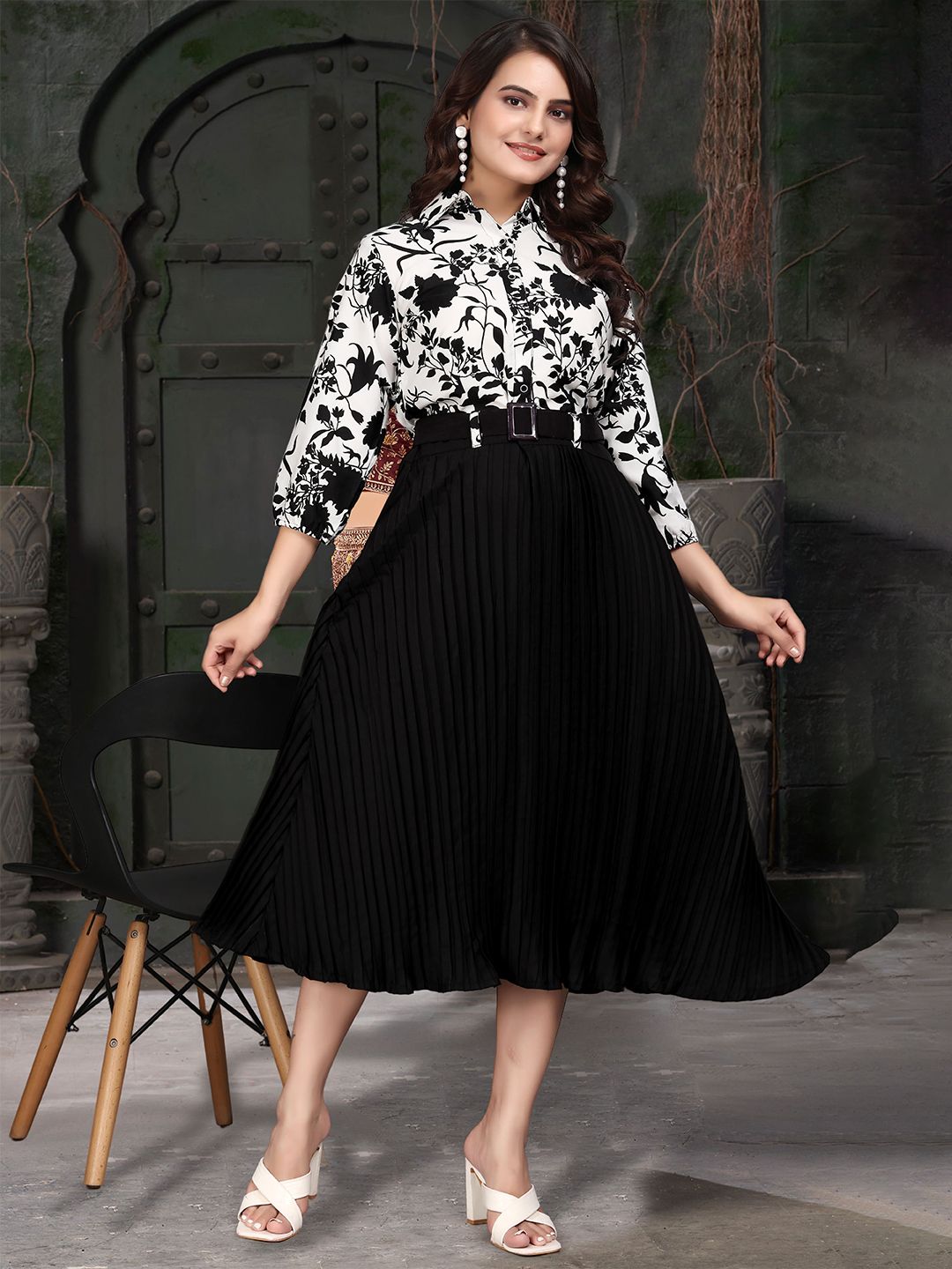 ZELZIS Women Puff Sleeves Crepe Fit - Flare Dress