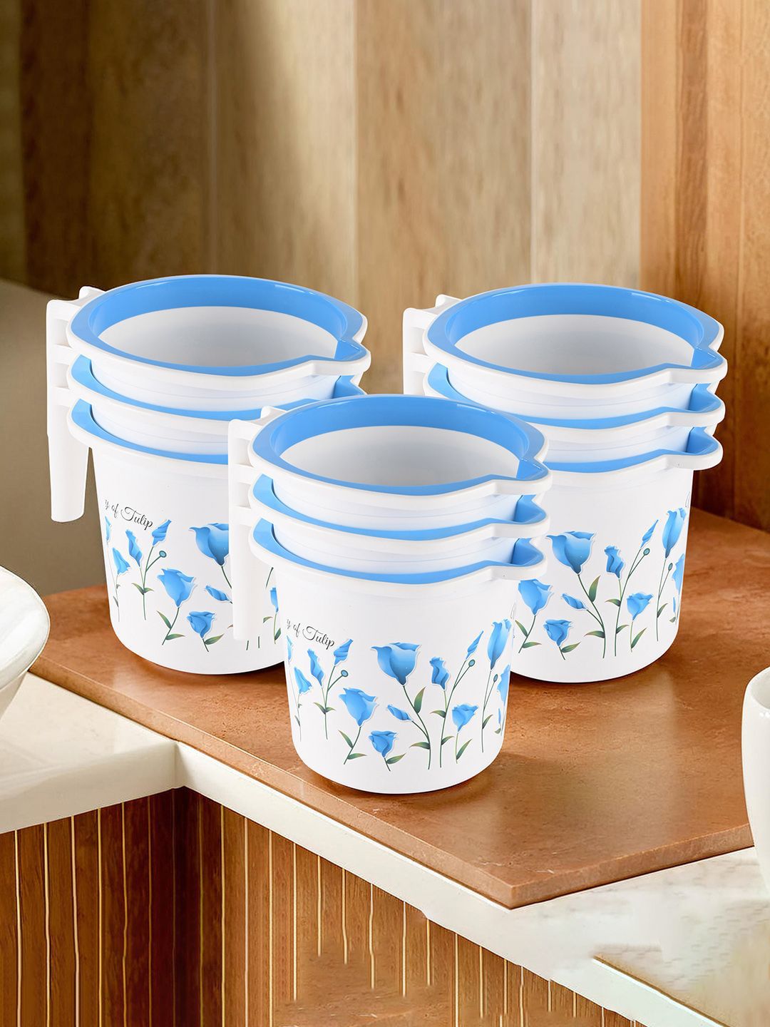 Kuber Industries Blue & White 9 Pieces Floral Printed Bathroom Mugs-1.5 Litres-image-6