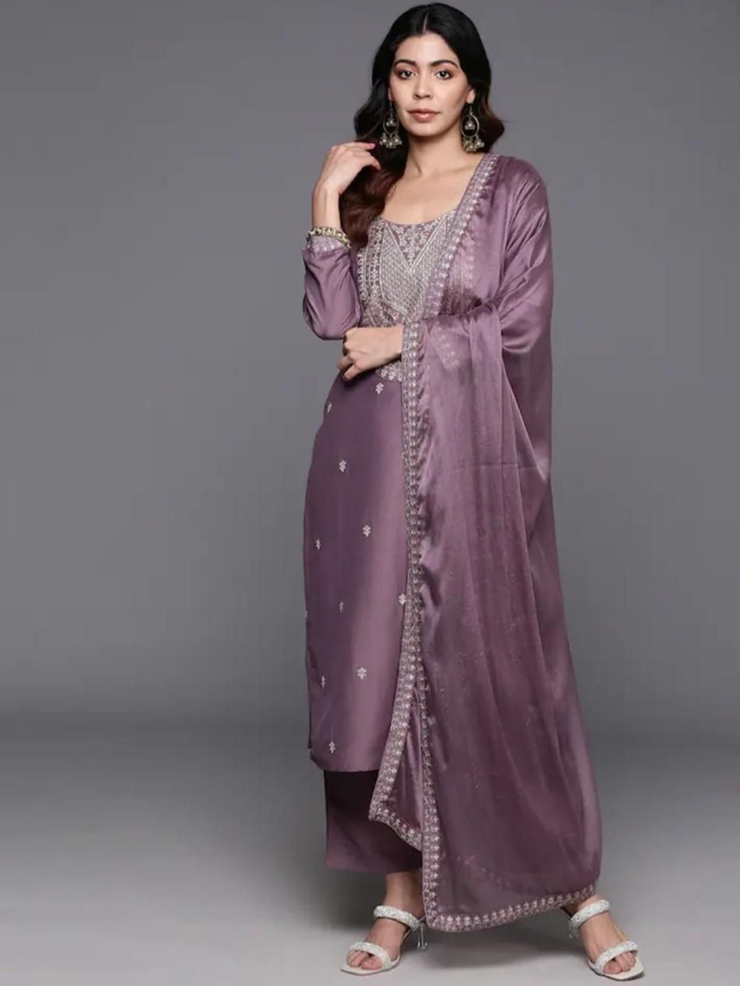 S.K.C Floral Printed Sequinned Chanderi Silk Straight Kurta With Trousers & Dupatta-picture-28