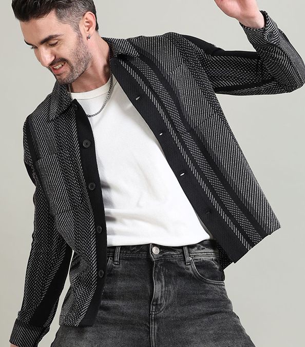 Buy StitchX Men Relaxed Fit Full Sleeve Textured Striped Cotton Blend ...